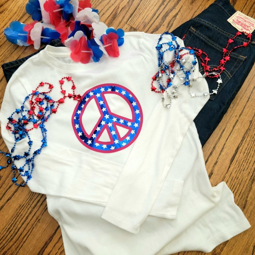 Upcycled Peace Sign 4th of July Long Sleeve Shirt